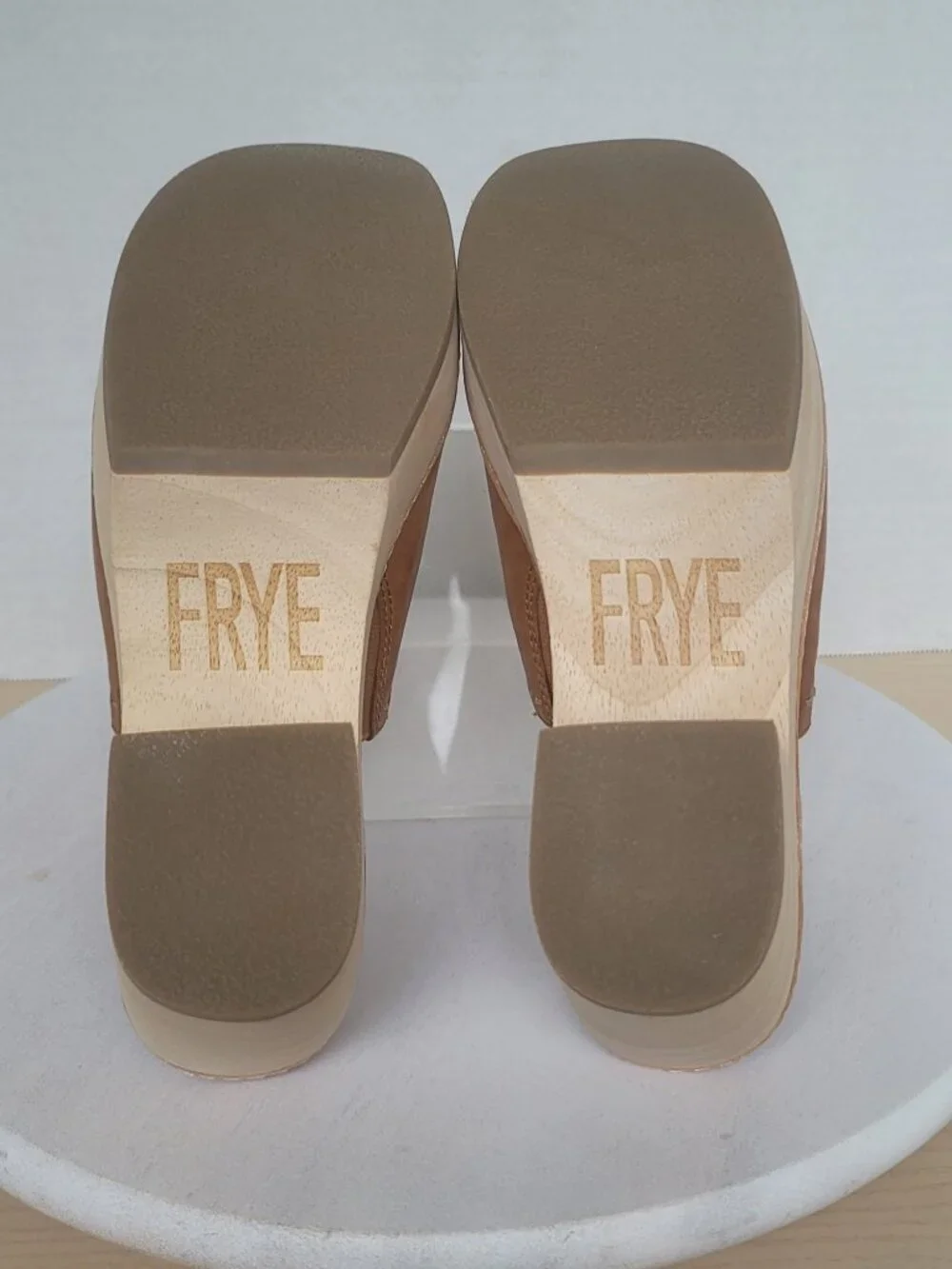 Frye Hazel Tan Leather Wood Platform Clogs Boho Mule Slide Sandal 70s Size 6M